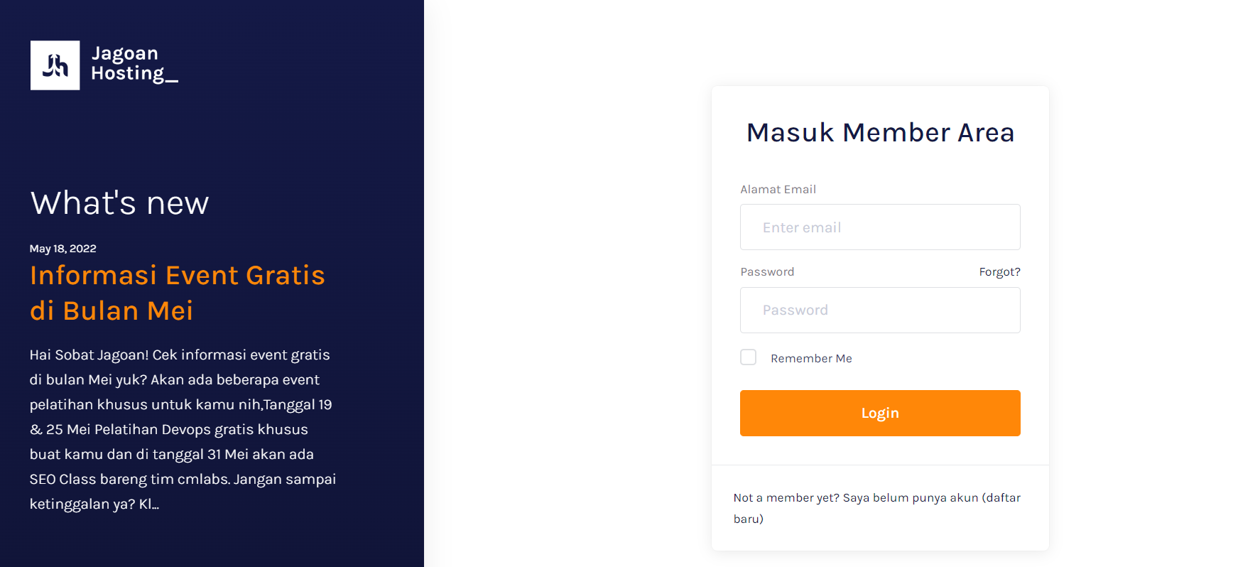 Tampilan Login Member Area Jagoan Hosting