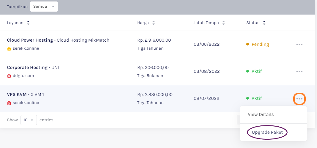 Tampilan Menu Upgrade Paket