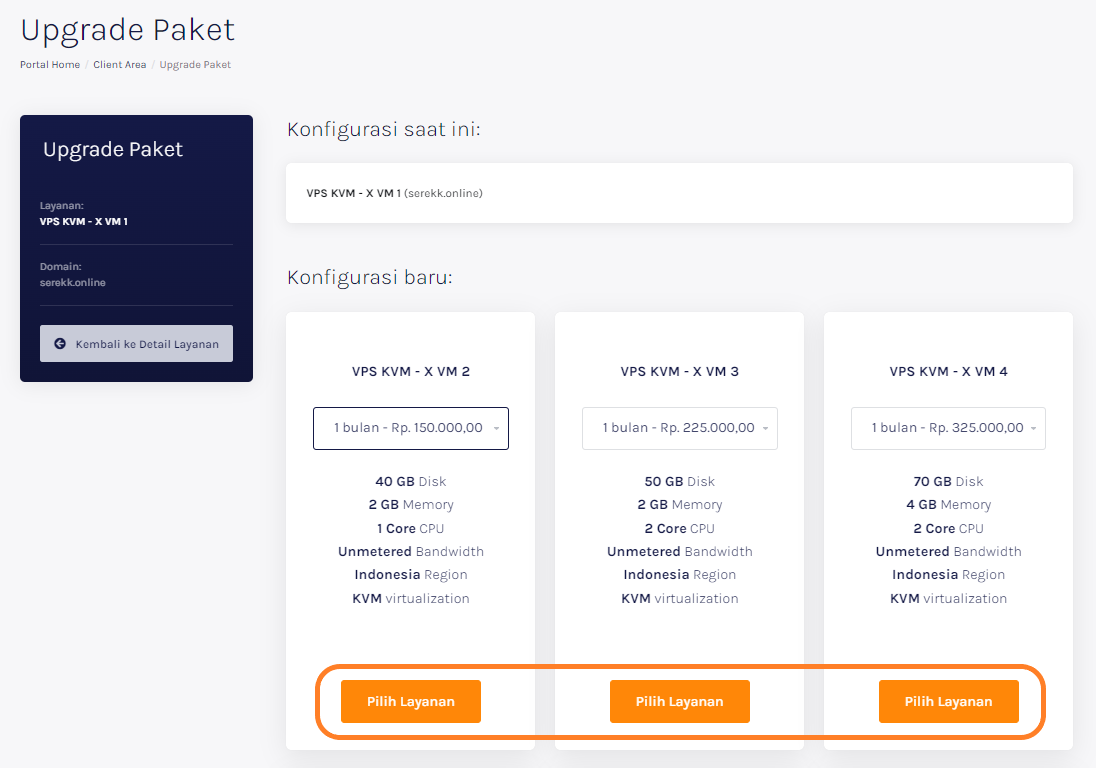 Tampilan Menu Upgrade Paket