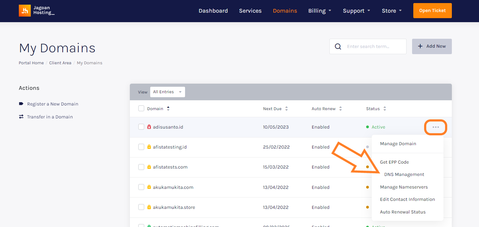 Menu DNS Management