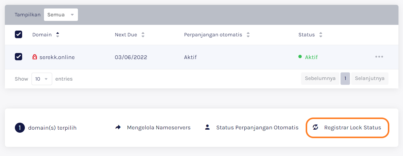 Tampilan Tombol Registrar Lock