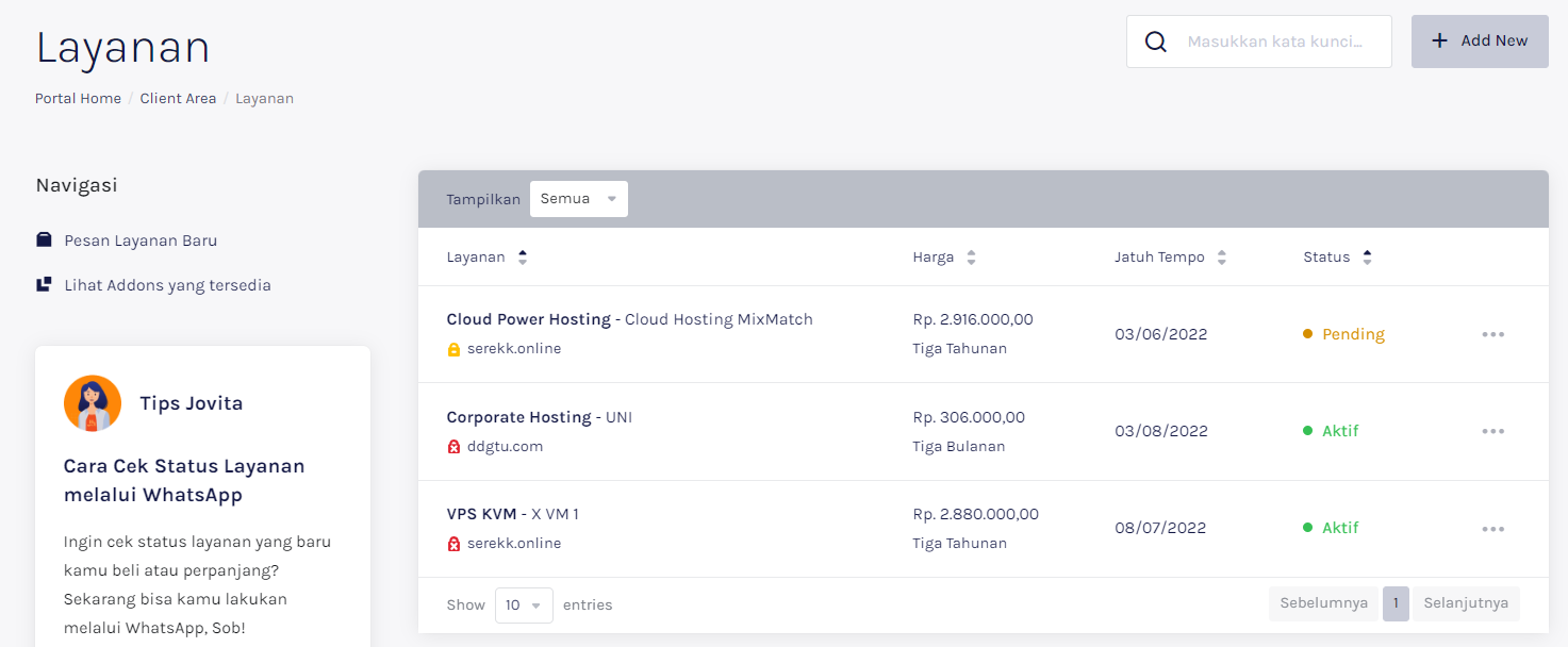 Tampilan Invoice Layanan