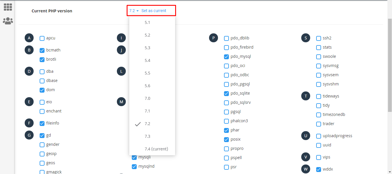 Tampilan Pilihan Versi PHP Di cPanel