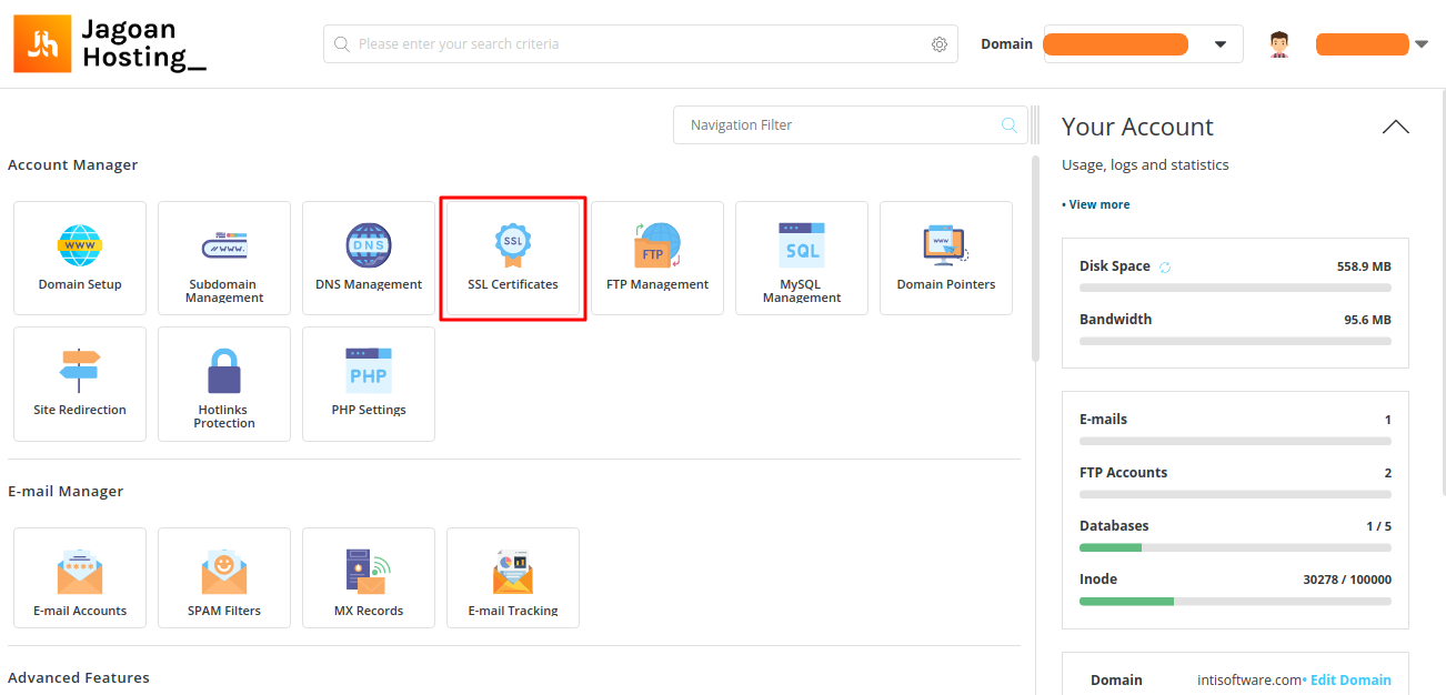 Menu SSL Certificates