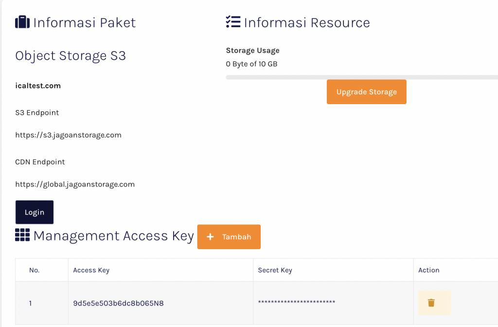 Tampilan Layanan Object Storage